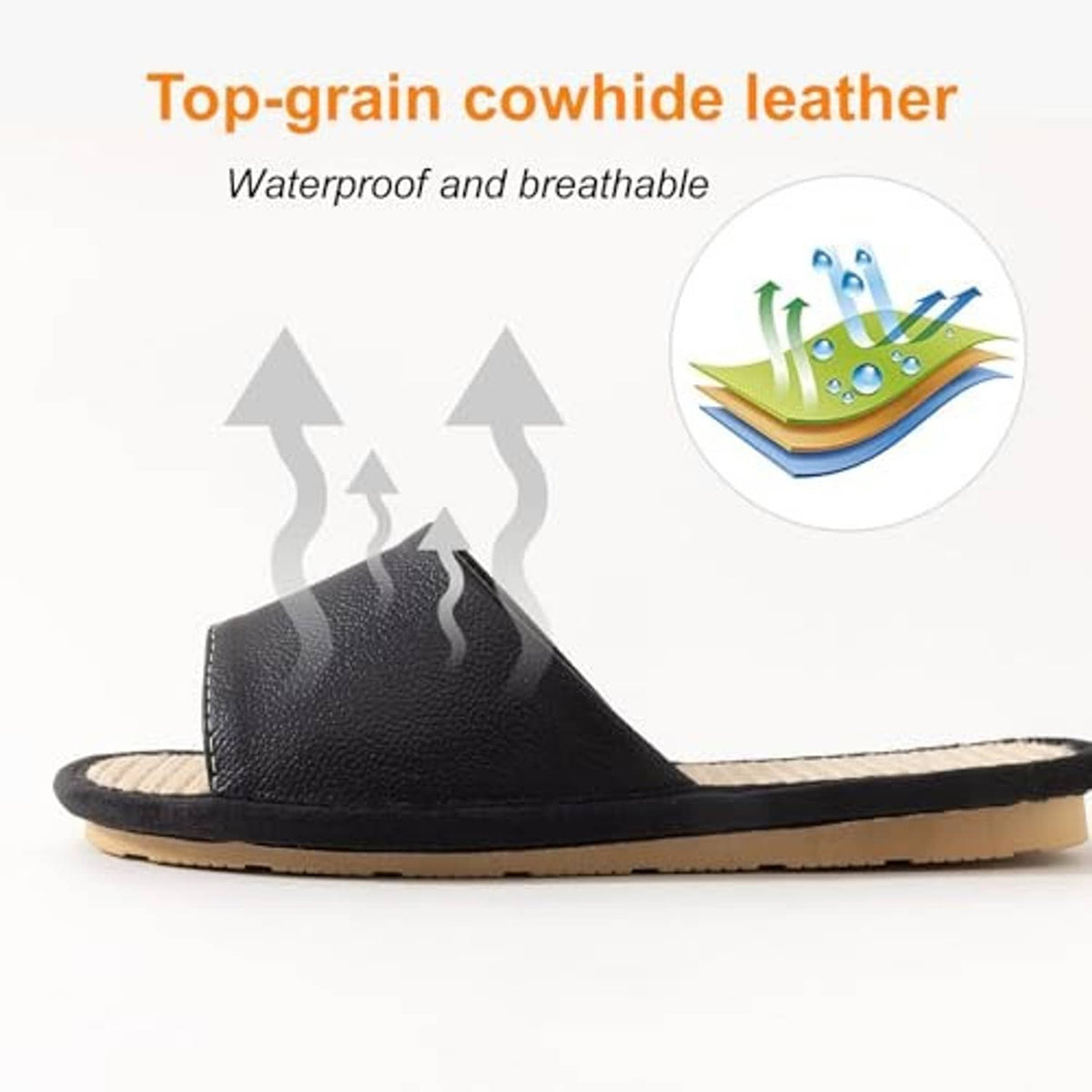 Black leather house slipper with beige woven insole and flat rubber sole, side profile.