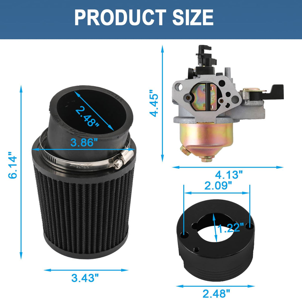 Air filter adapter jet kit size view with black cone air filter and carburetor unit