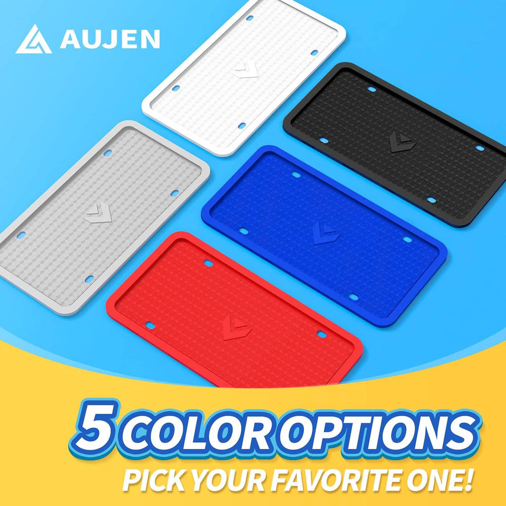 Silicone license plate frames in multiple colors, flat front view