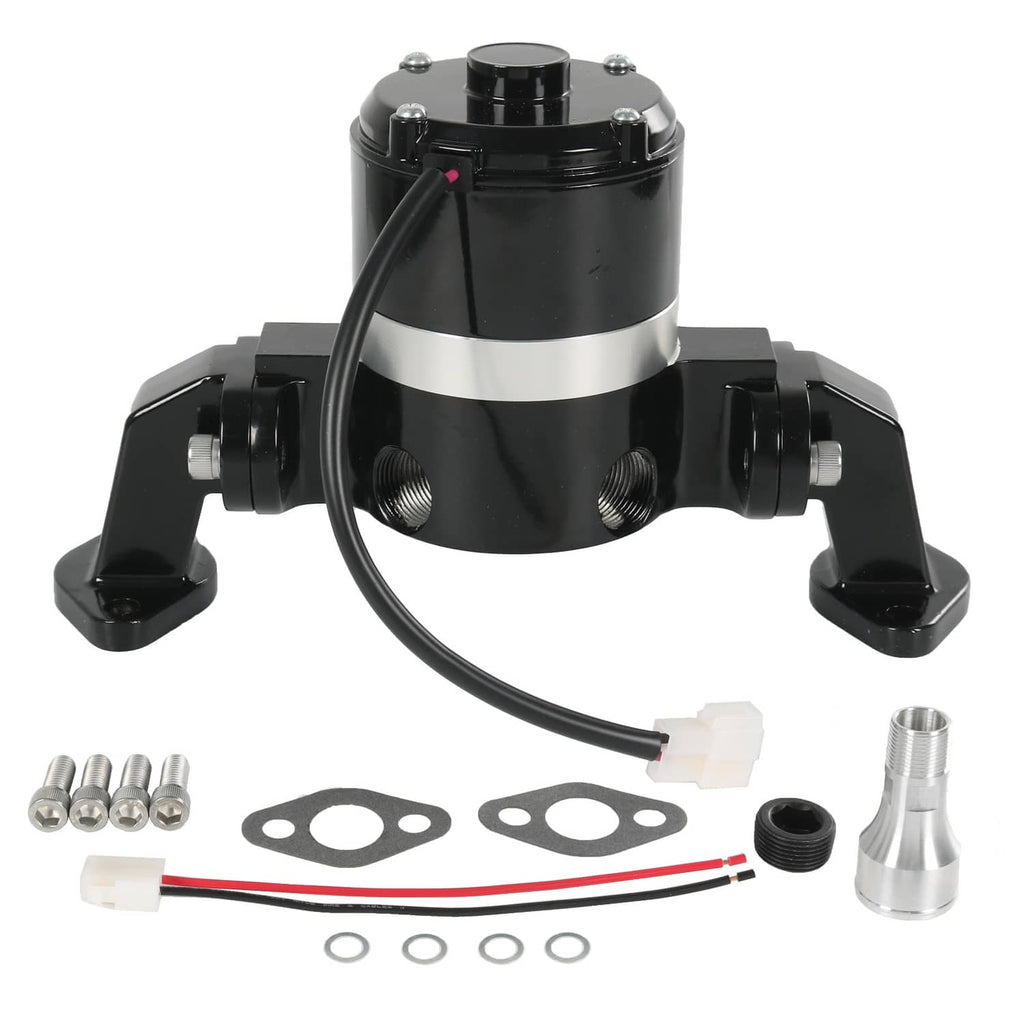 Black and silver electric water pump with mounting brackets and included fittings