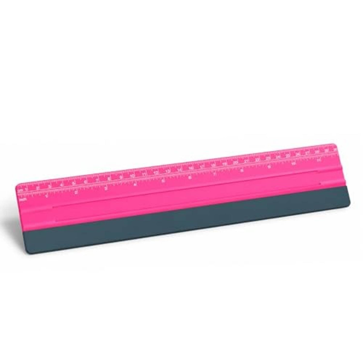 Pink vinyl squeegee with dark felt base and built-in ruler for even pressure