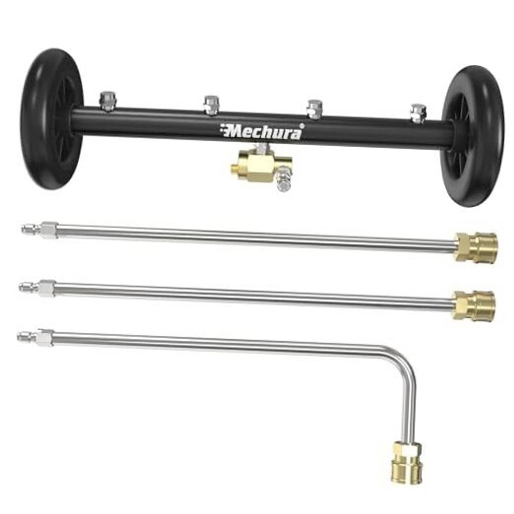 Undercarriage pressure washer attachment with 16 in cleaner bar, wheels, brass fittings
