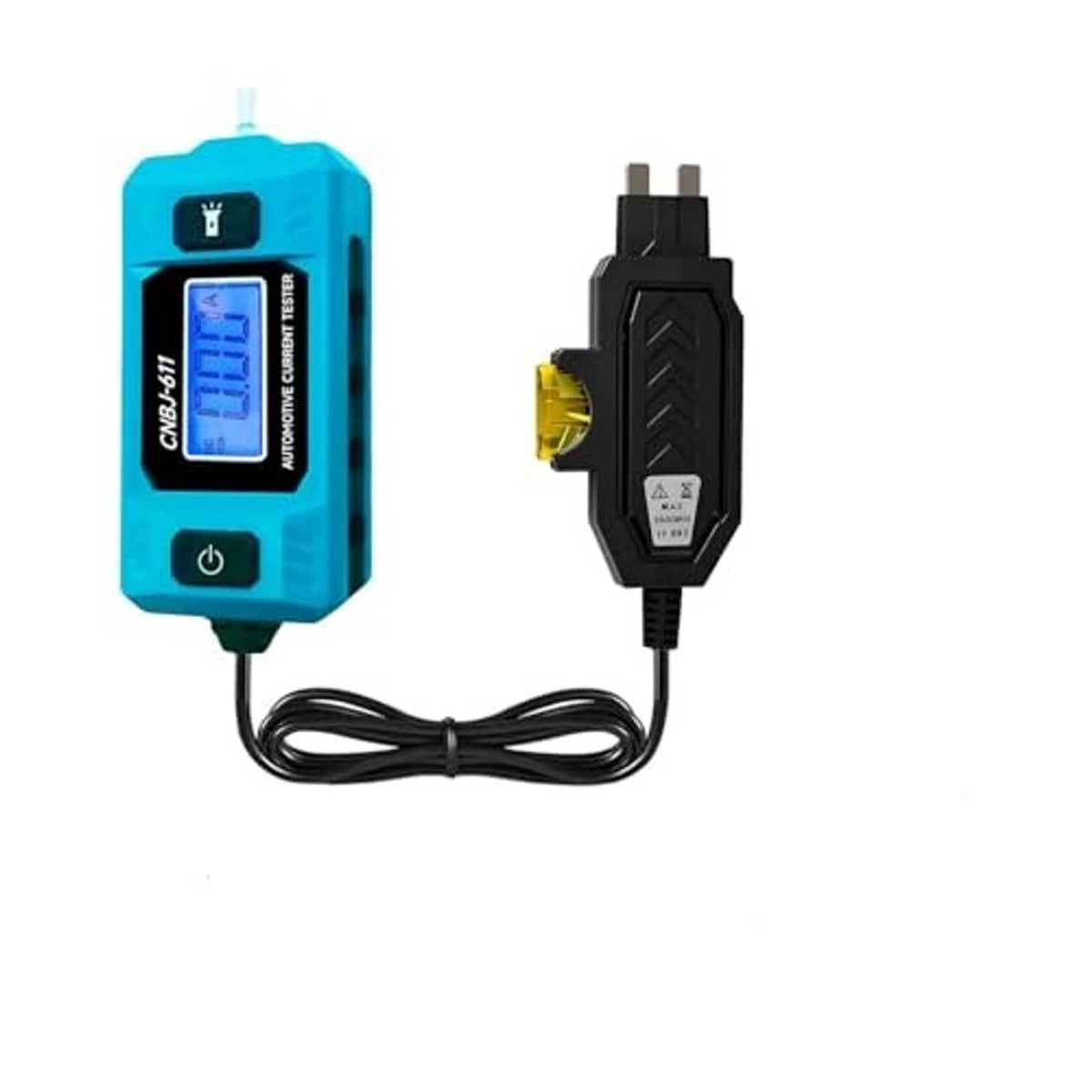 Automotive circuit fuse tester with blue handheld unit, black adapter, and yellow side knob