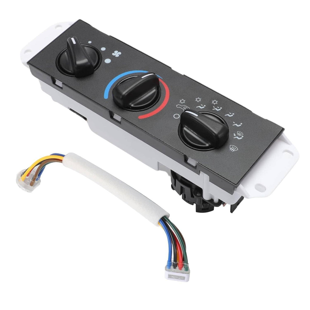 HVAC heater control panel switch with three black rotary knobs and indicator markings