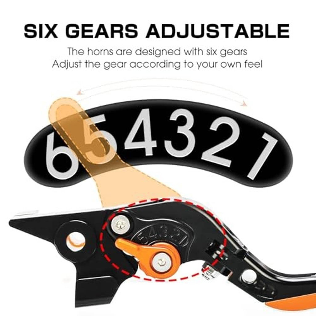 Six-gear adjustable brake lever with orange adjustment knob on black housing