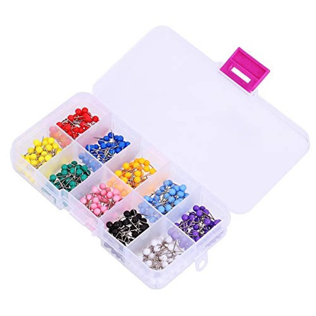 Open clear organizer with compartments of assorted color map push pins