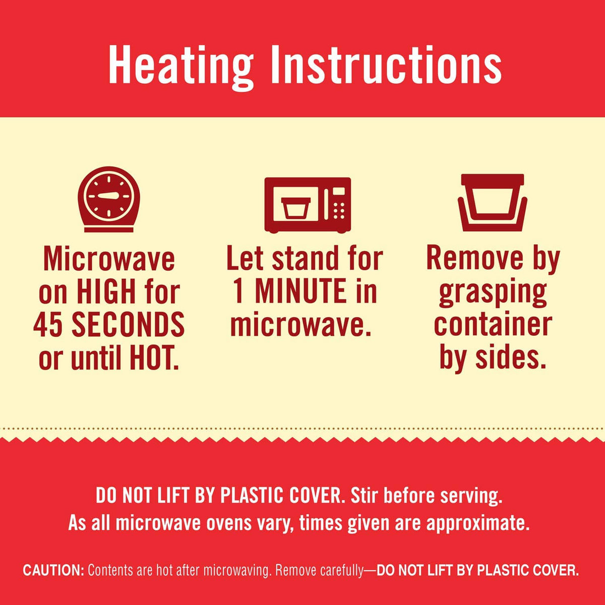 Heating instructions for microwaveable ravioli cup: microwave high, then stand