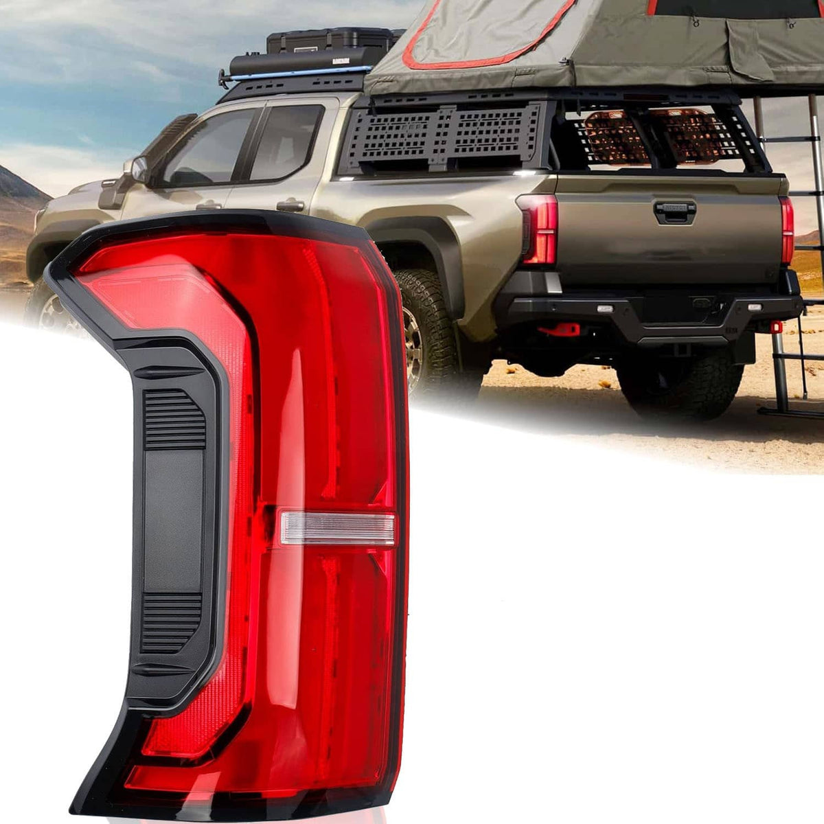 Left rear LED tail light assembly with red lens and clear reflector, black trim housing