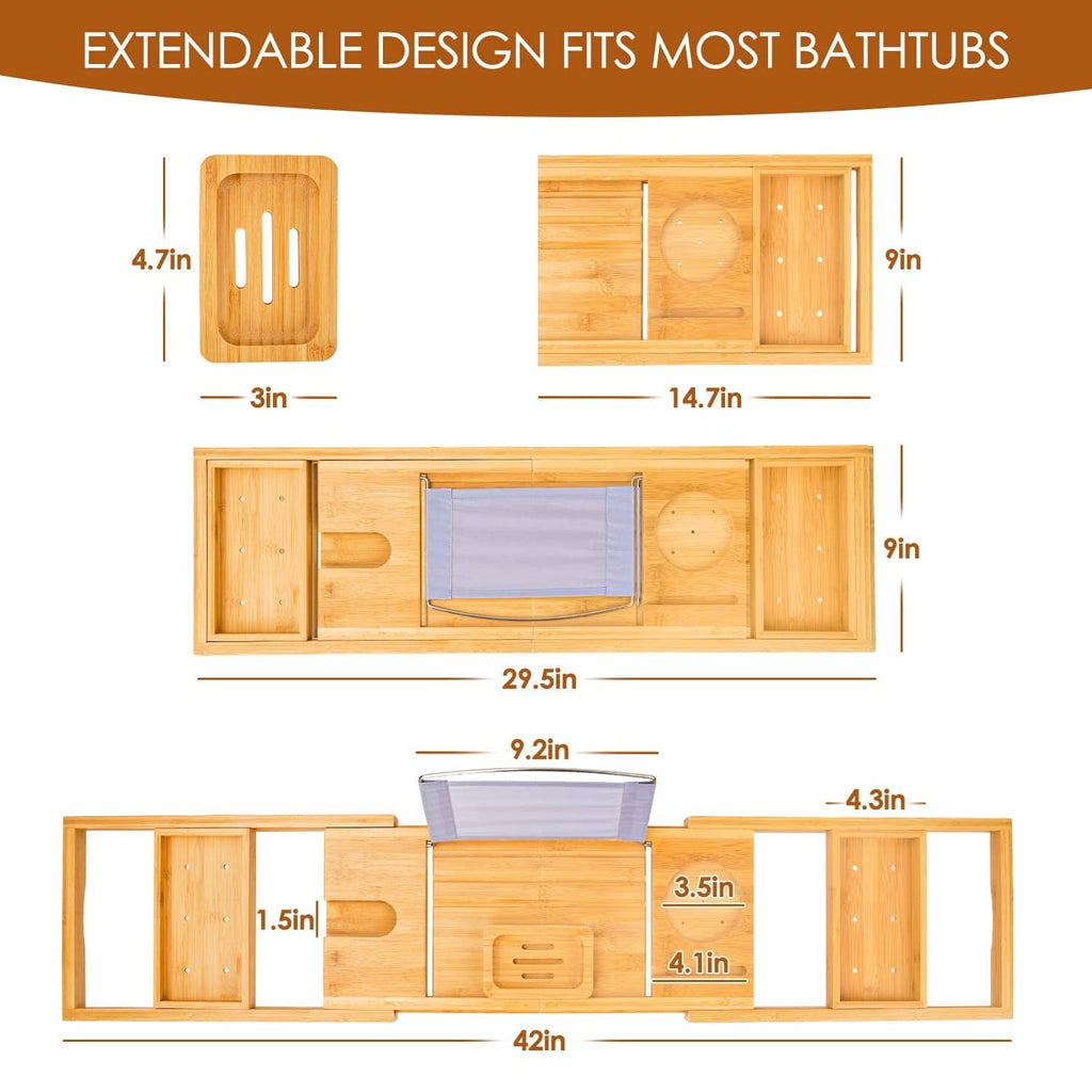 Beige bamboo extendable bathtub caddy tray with size markers and extended layout