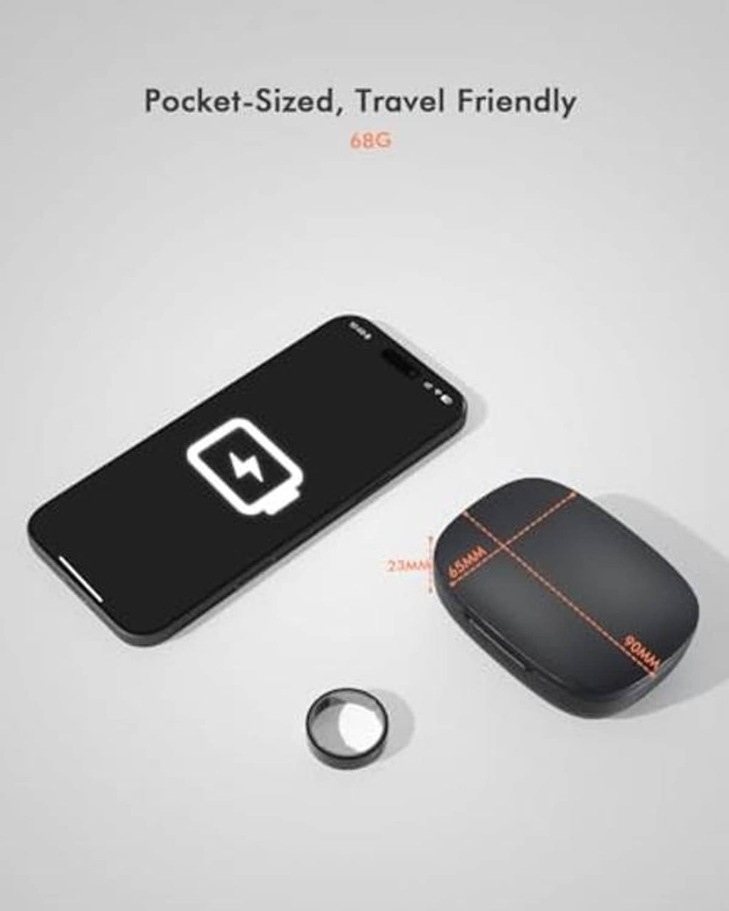 Black charging case with compact charging unit and two small ring-sized accessories