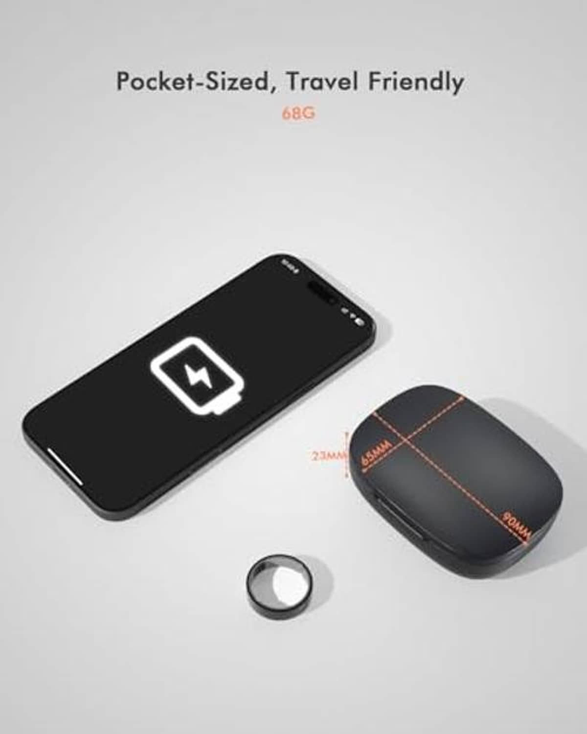 Black charging case with compact charging unit and two small ring-sized accessories