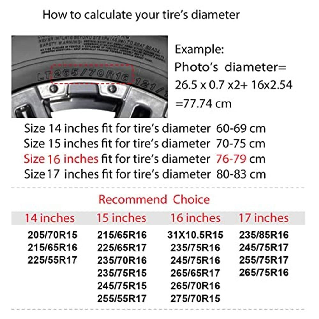Spare tire cover size chart for selecting 17-inch fit by tire diameter range