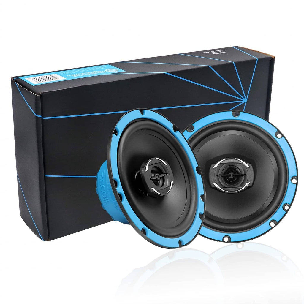 6.5-inch car audio coaxial speakers with blue trim, shown with black packaging box