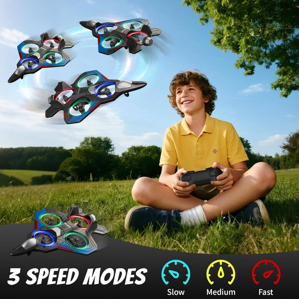 RC remote-control airplane with colorful LED rings and included handheld controller