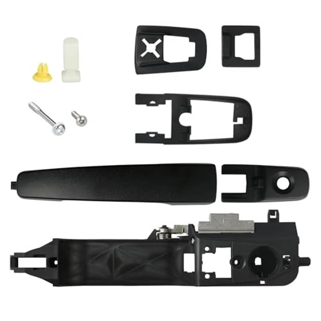Black exterior door handle with installed trim cover and reinforcement plate components