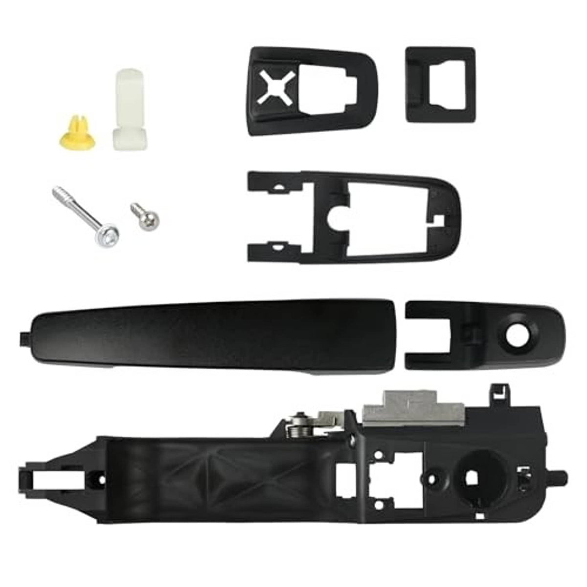 Black exterior door handle with installed trim cover and reinforcement plate components