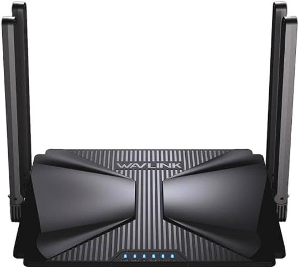 Black dual-antenna WiFi router with bow-tie front panel and small front LED lights