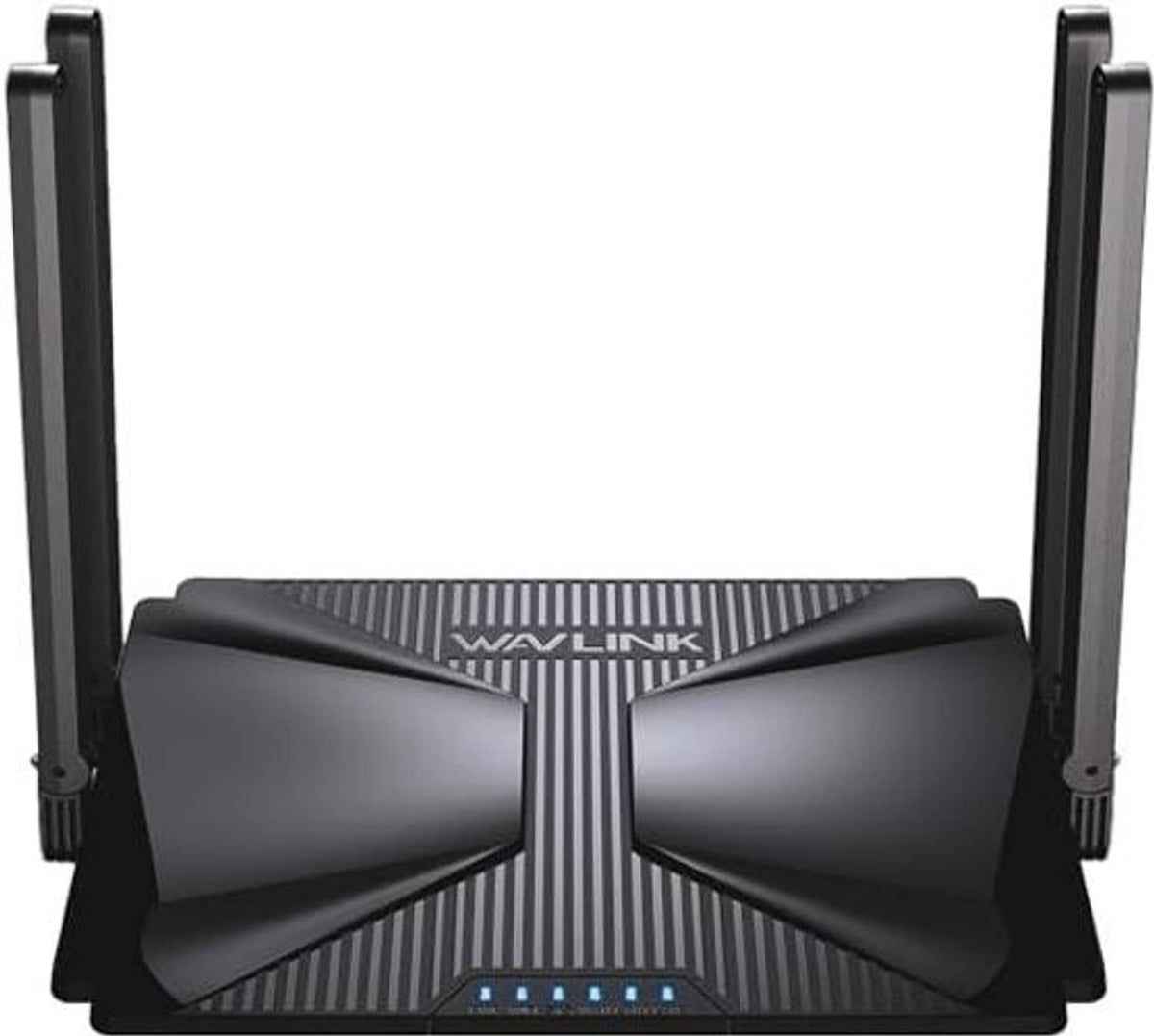 Black dual-antenna WiFi router with bow-tie front panel and small front LED lights