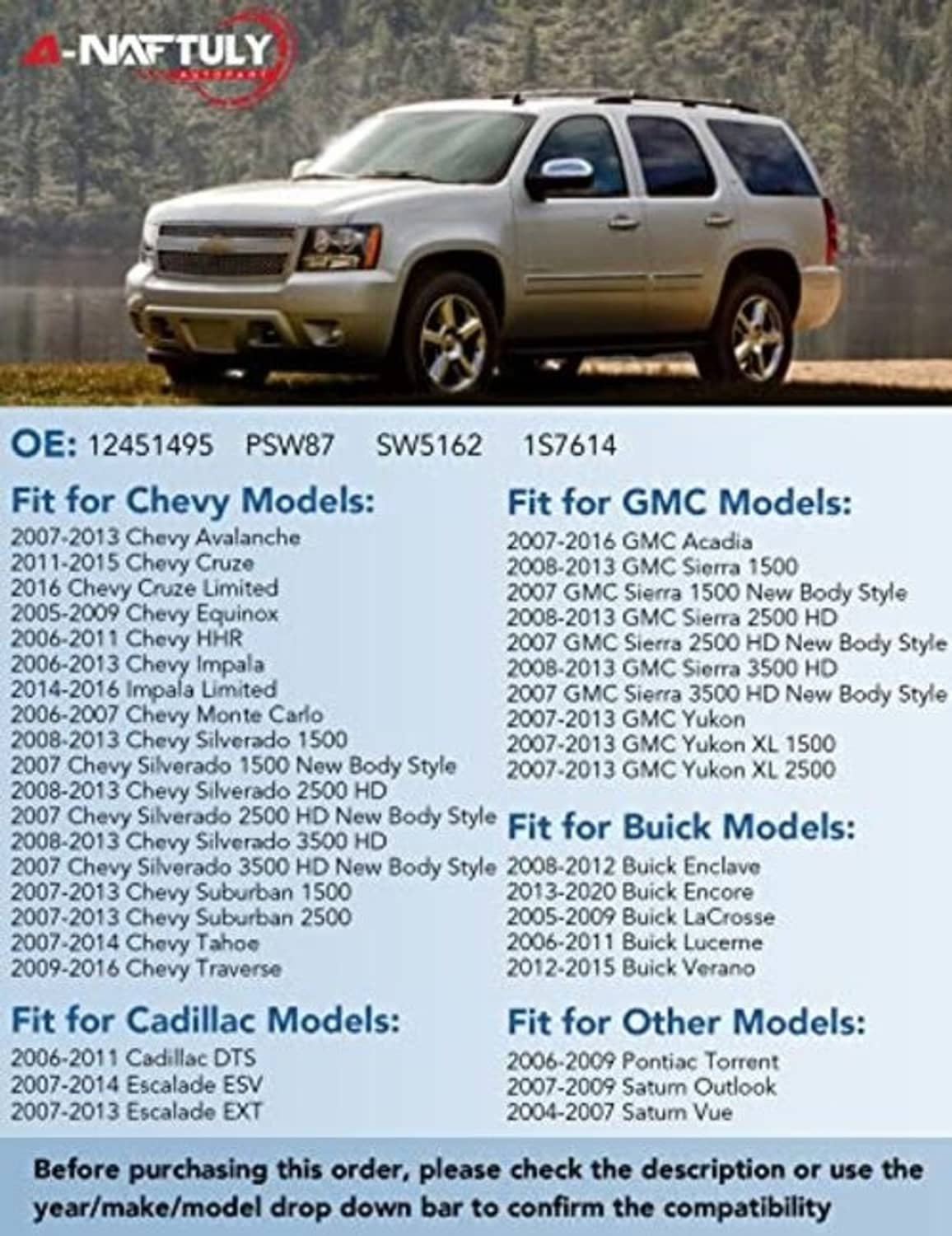Power seat switch compatibility chart for GM, Chevy, and GMC vehicle models