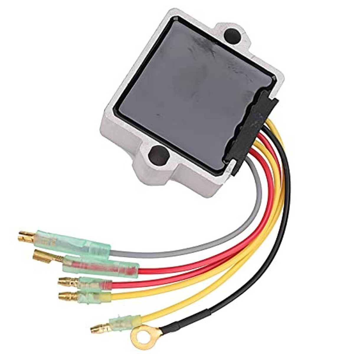 Voltage regulator rectifier unit with black module and bundled multi-color wire leads
