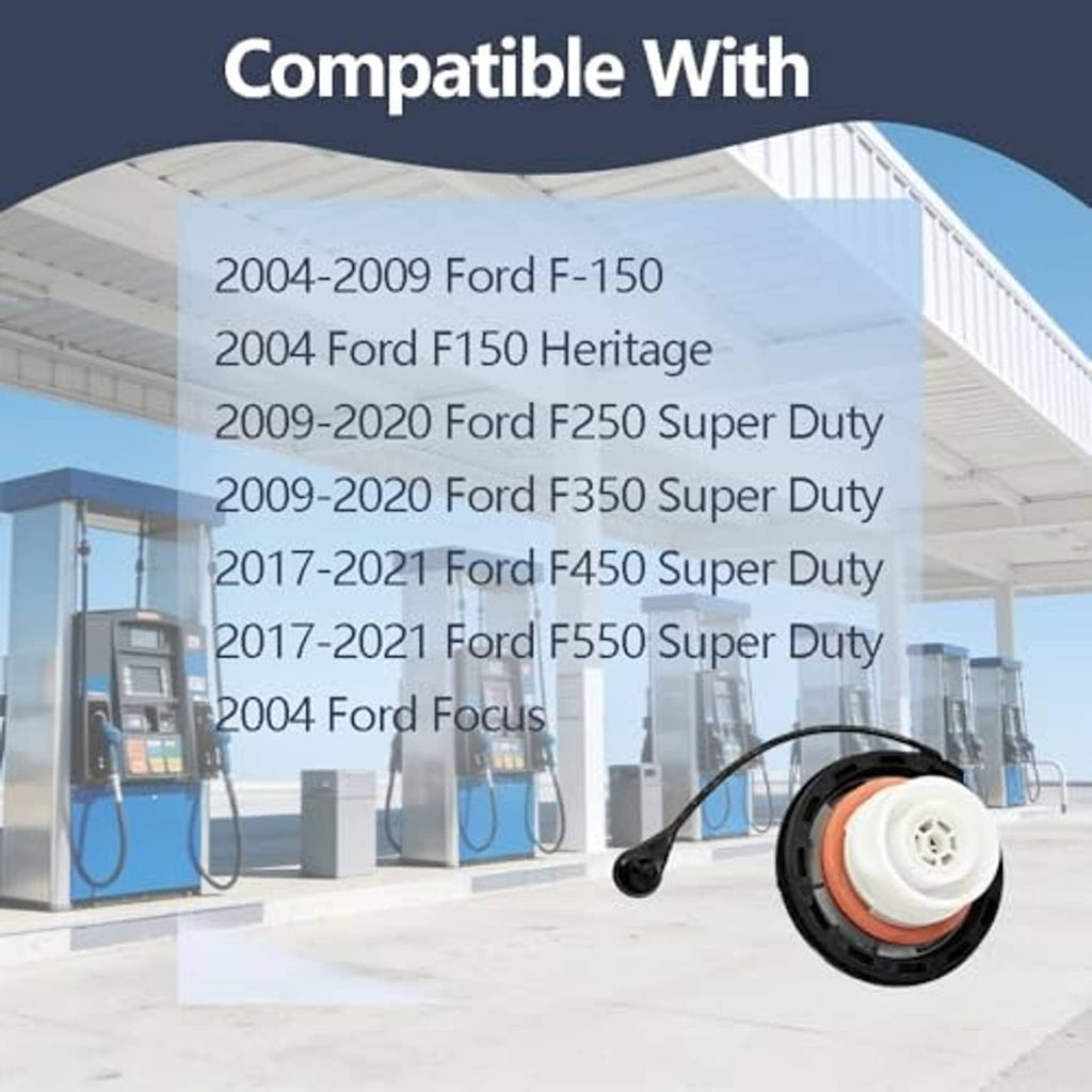 Gas tank cap with tether and orange sealing ring, shown beside compatibility chart graphic