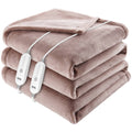 Taupe electric heated throw blanket with dual controllers and attached power cords