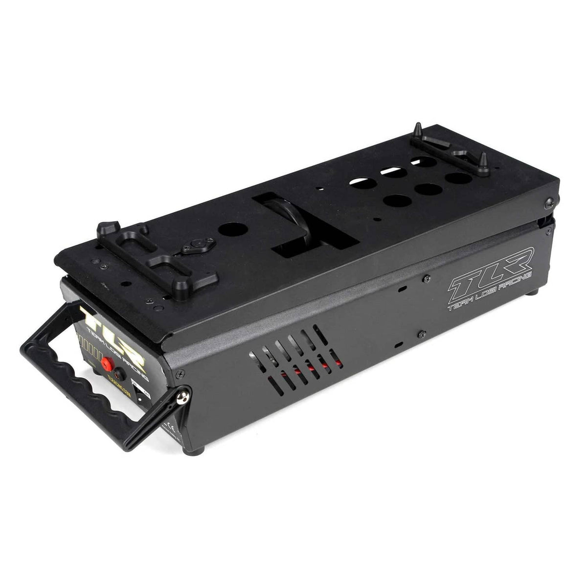 Black gas RC starter box with carry handle, vent slots, and TLR logo on metal housing