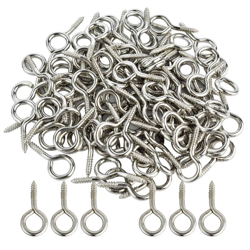 Small silver screw eye hanging hooks with loop heads and threaded shanks, assorted pieces