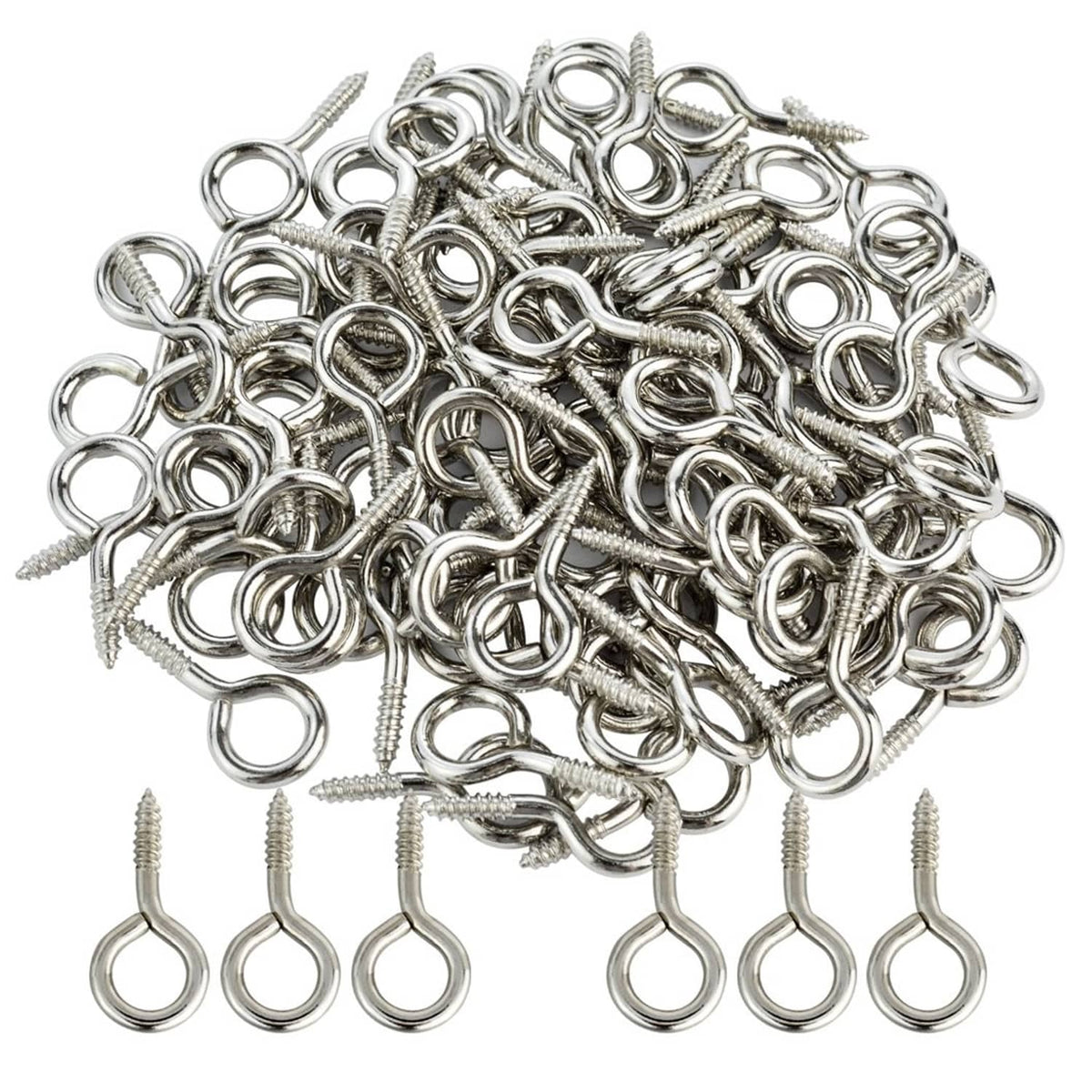 Small silver screw eye hanging hooks with loop heads and threaded shanks, assorted pieces