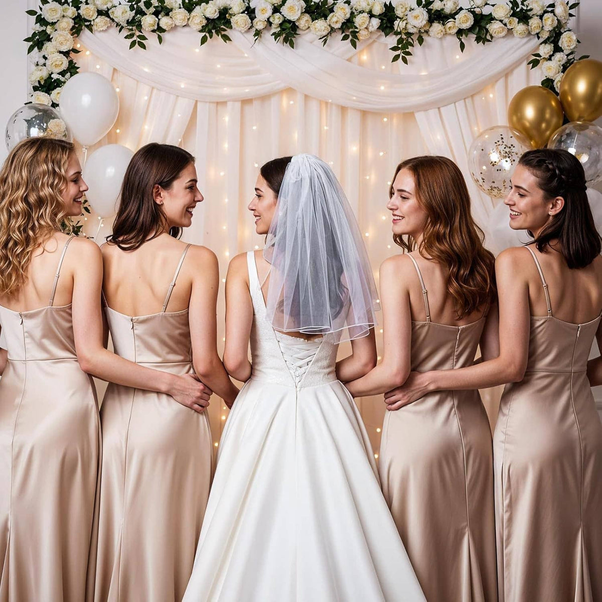 White short bridal veil with comb, tulle layers gathered at the head, bride among bridesmaids