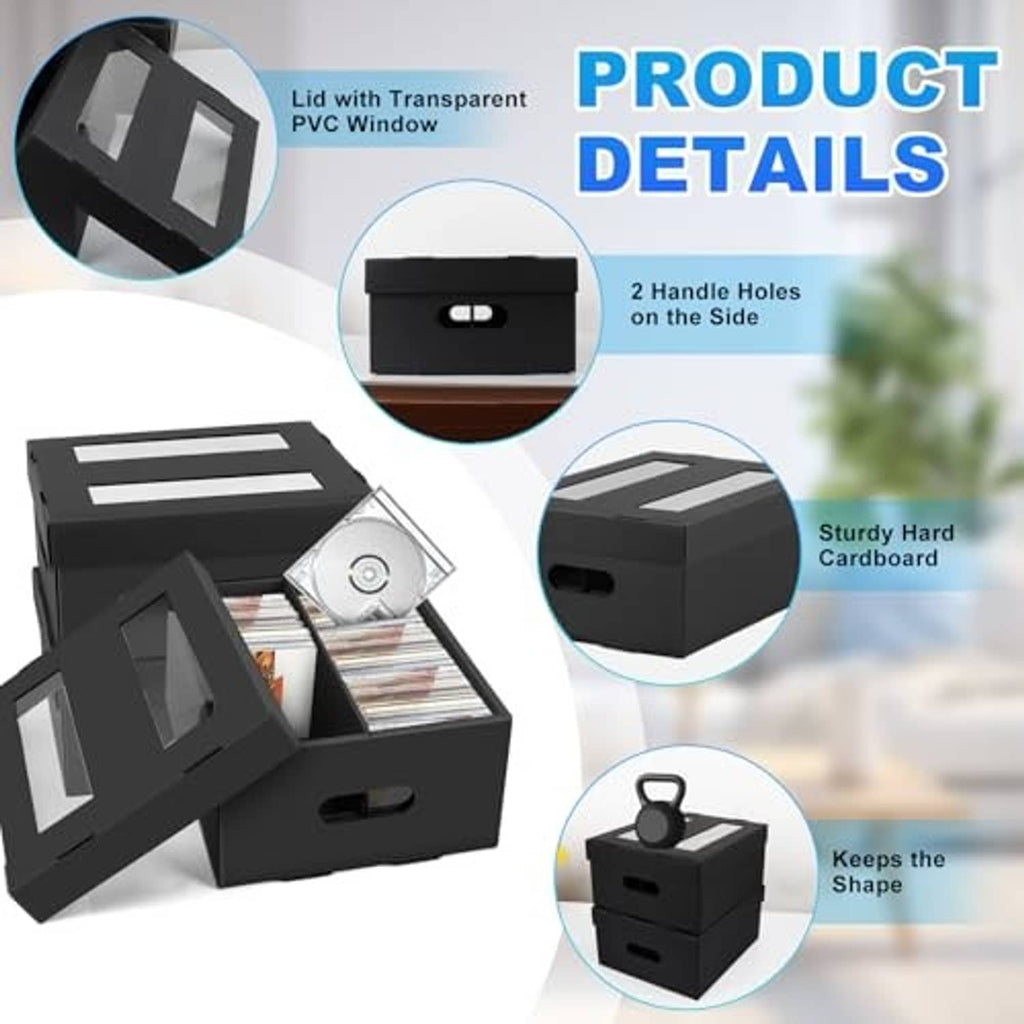 Black 2-compartment CD storage box with lid and side handle holes, open view.