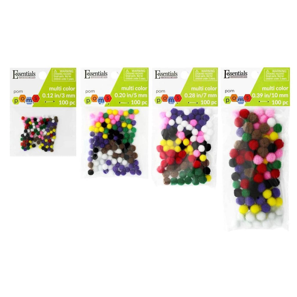 Assorted multicolor pom pom craft balls in multiple labeled packages