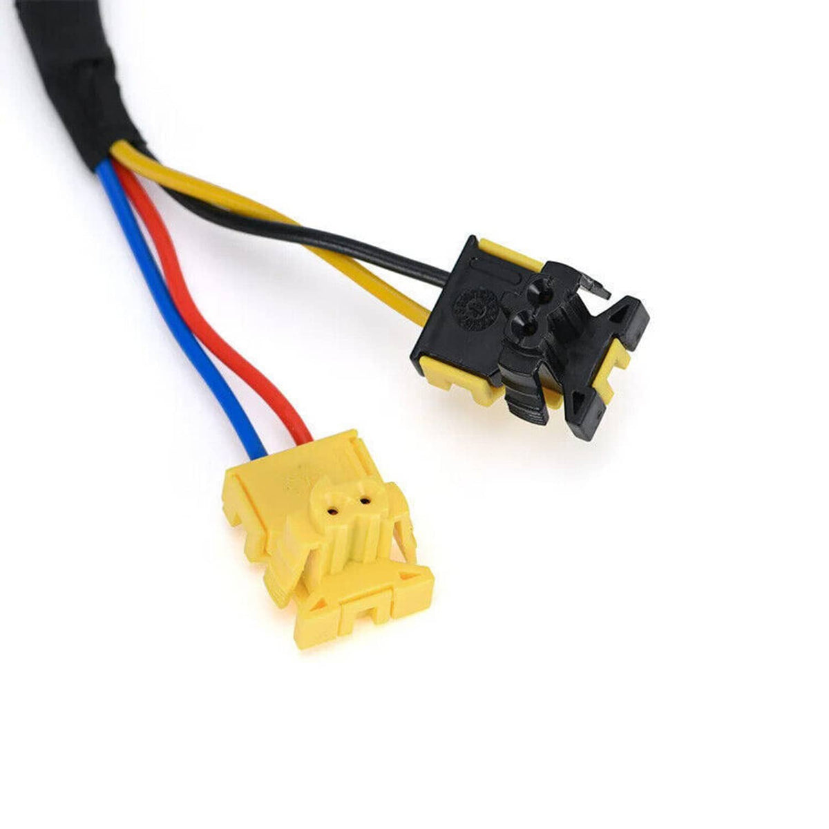 Close-up of colored wire leads with yellow clock spring connector plug