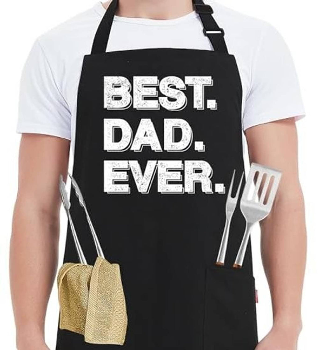 Men’s black “Best Dad Ever” apron with utensil graphic and front pockets