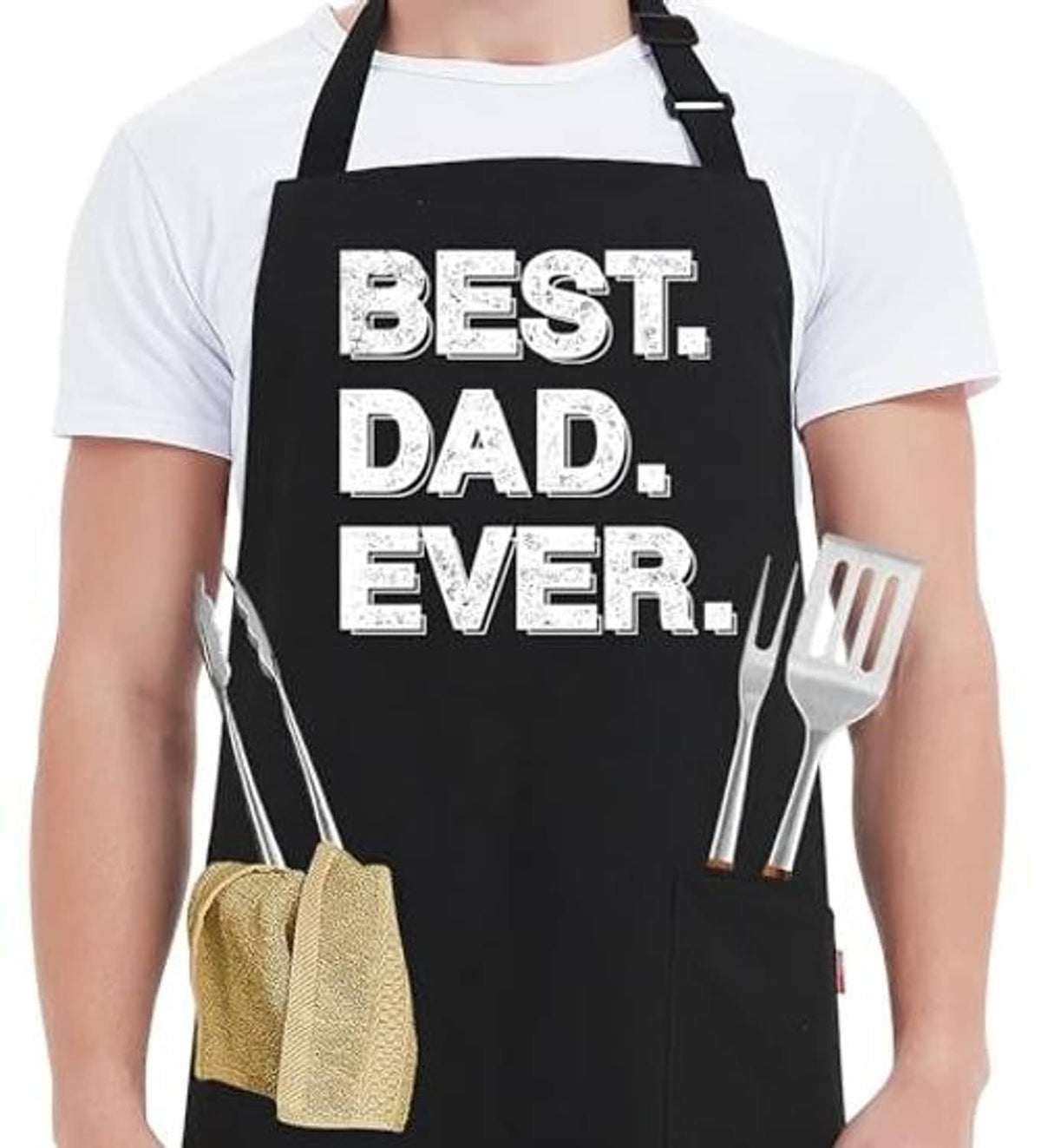 Men’s black “Best Dad Ever” apron with utensil graphic and front pockets