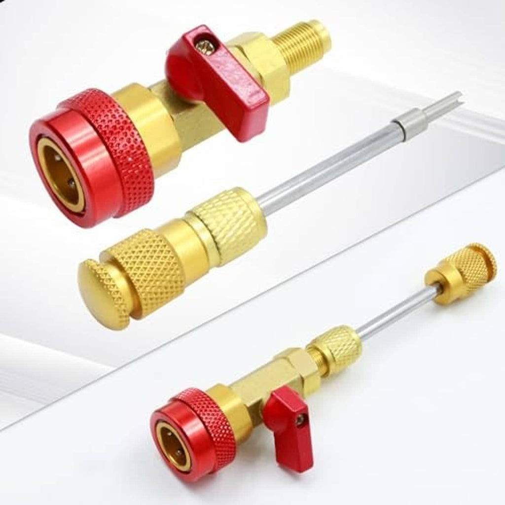 Red and gold valve core installer tool with long metal rod and included core parts