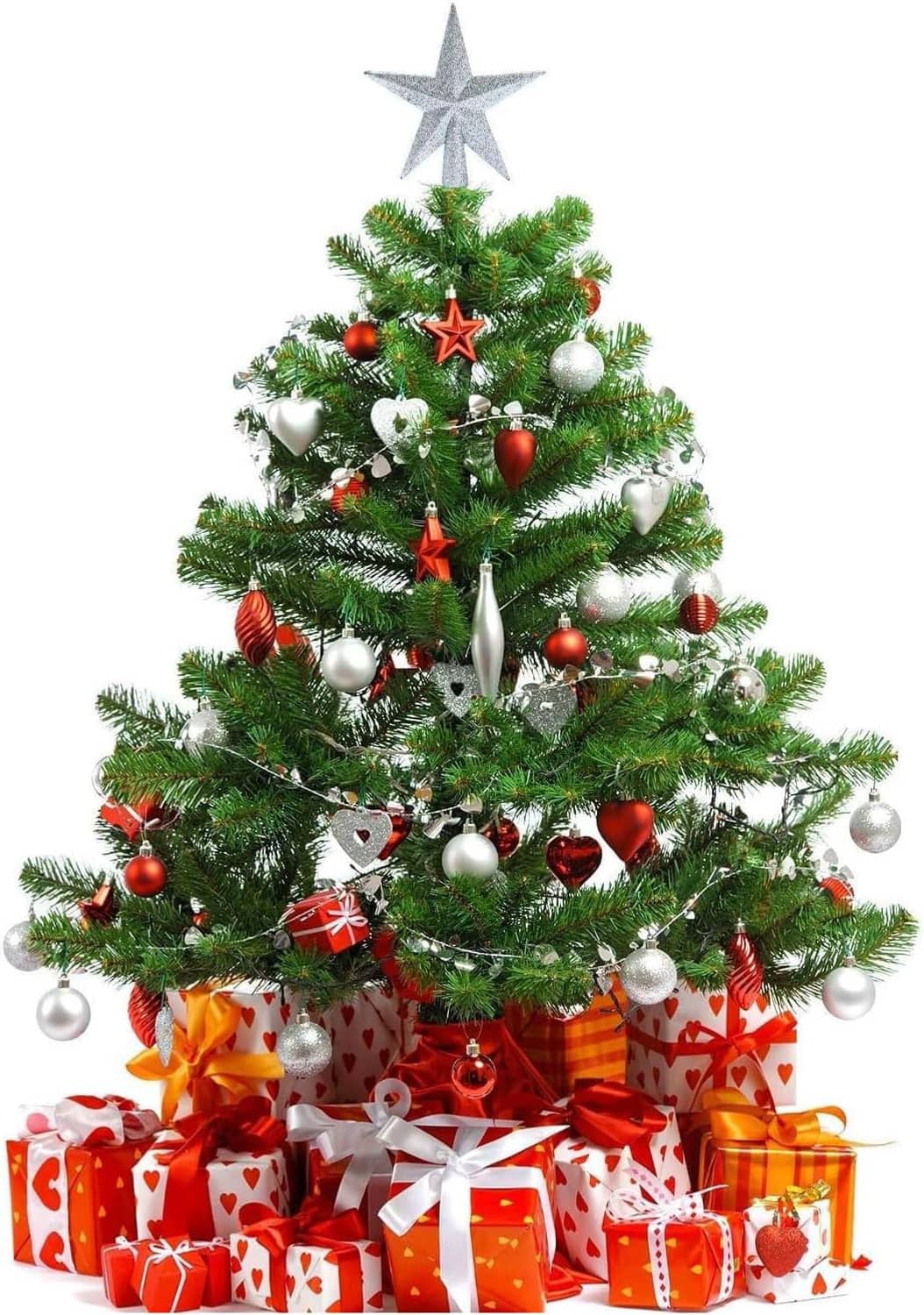 Christmas tree featuring silver and gold glitter star toppers above decorated branches