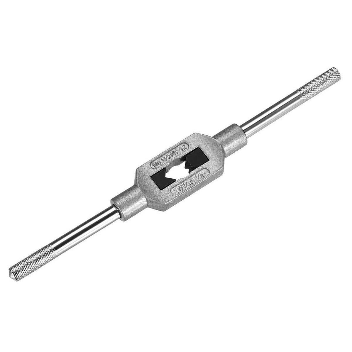 Adjustable tap wrench handle with split jaw and knurled drive rod, steel finish