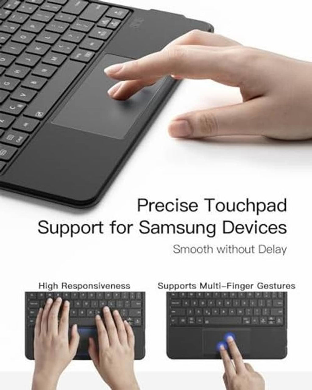 Black keyboard case featuring a touchpad and keys, hands demonstrating multi-gesture control