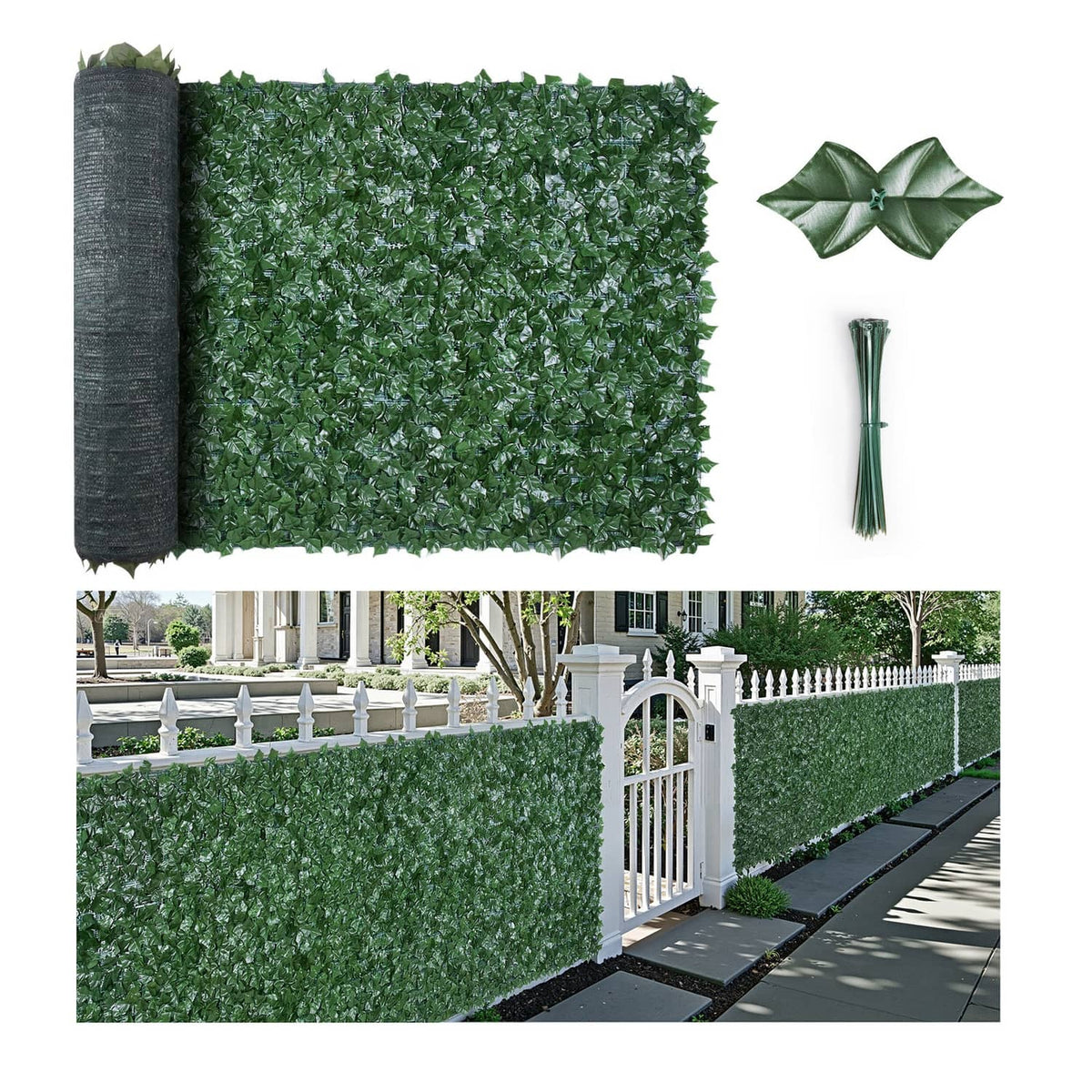 Artificial faux ivy privacy fence panel with dark green leaves and mesh backing roll