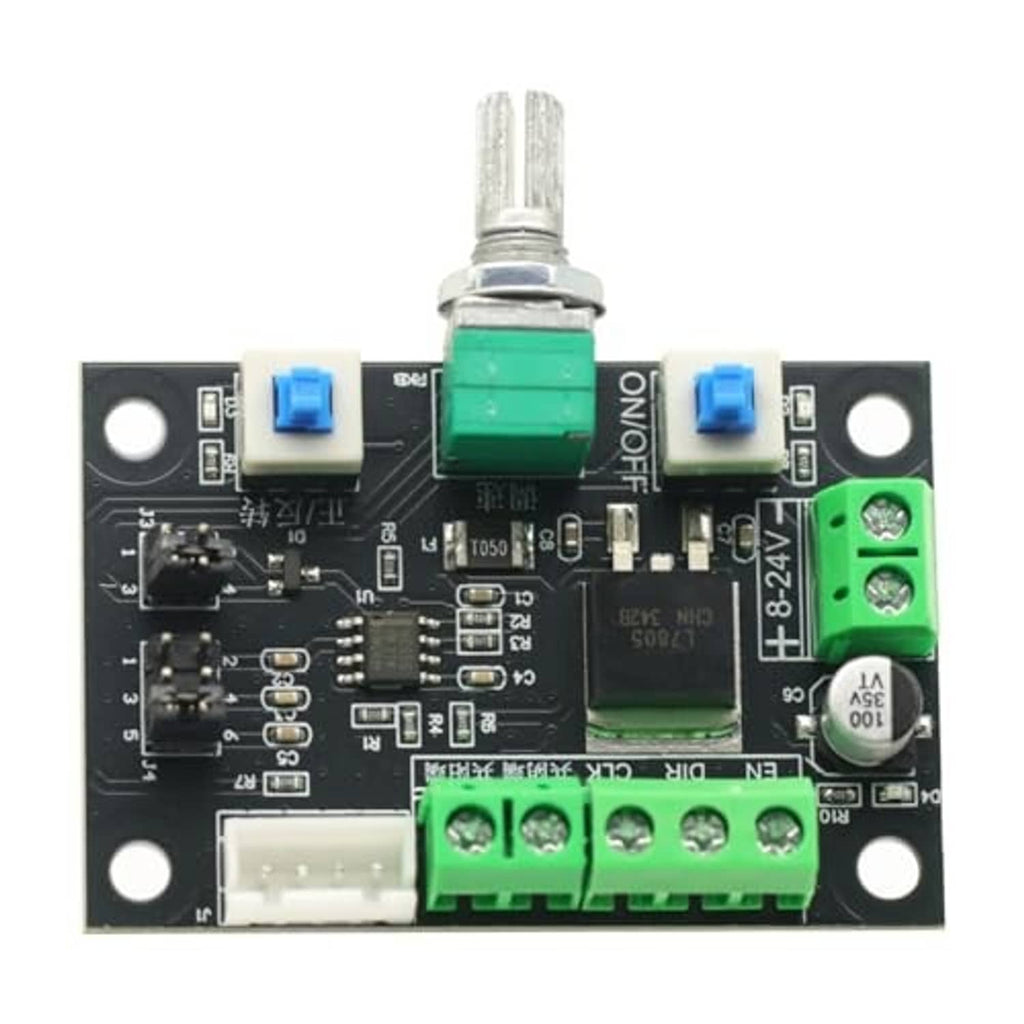 Stepper motor driver PCB with green terminal block, blue buttons, and metal shaft component