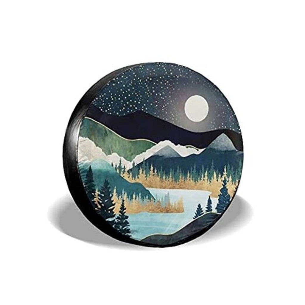 Round tire cover with starry night mountains, forest trees, and bright moon