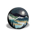 Round tire cover with starry night mountains, forest trees, and bright moon