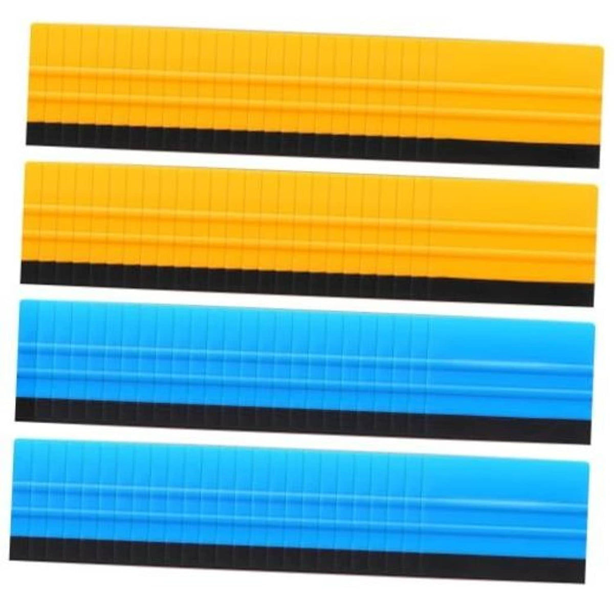 Stacked vinyl squeegees with felt edge, yellow and blue scraper bars