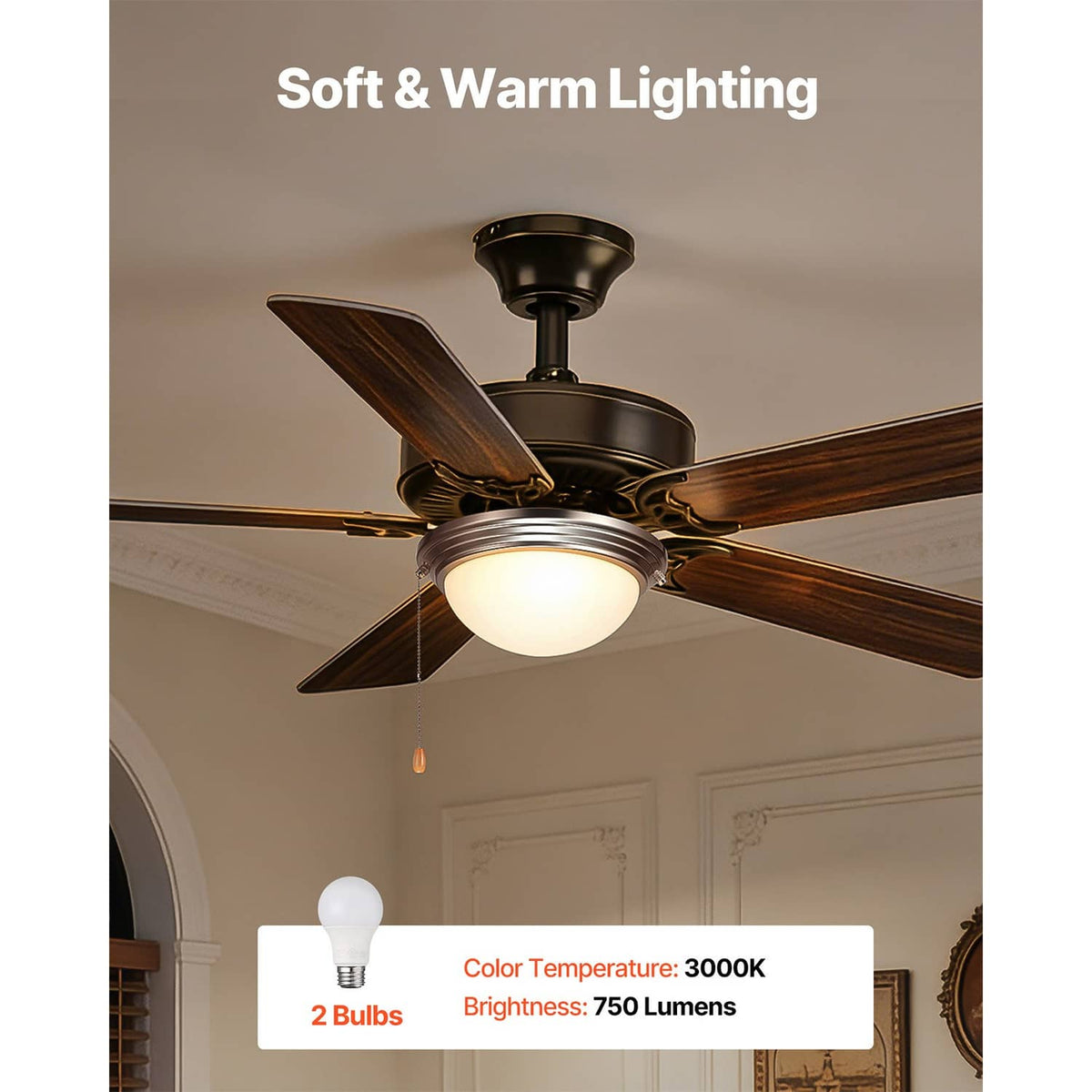 Ceiling fan light kit with frosted globe lamp and pull-chain light operation