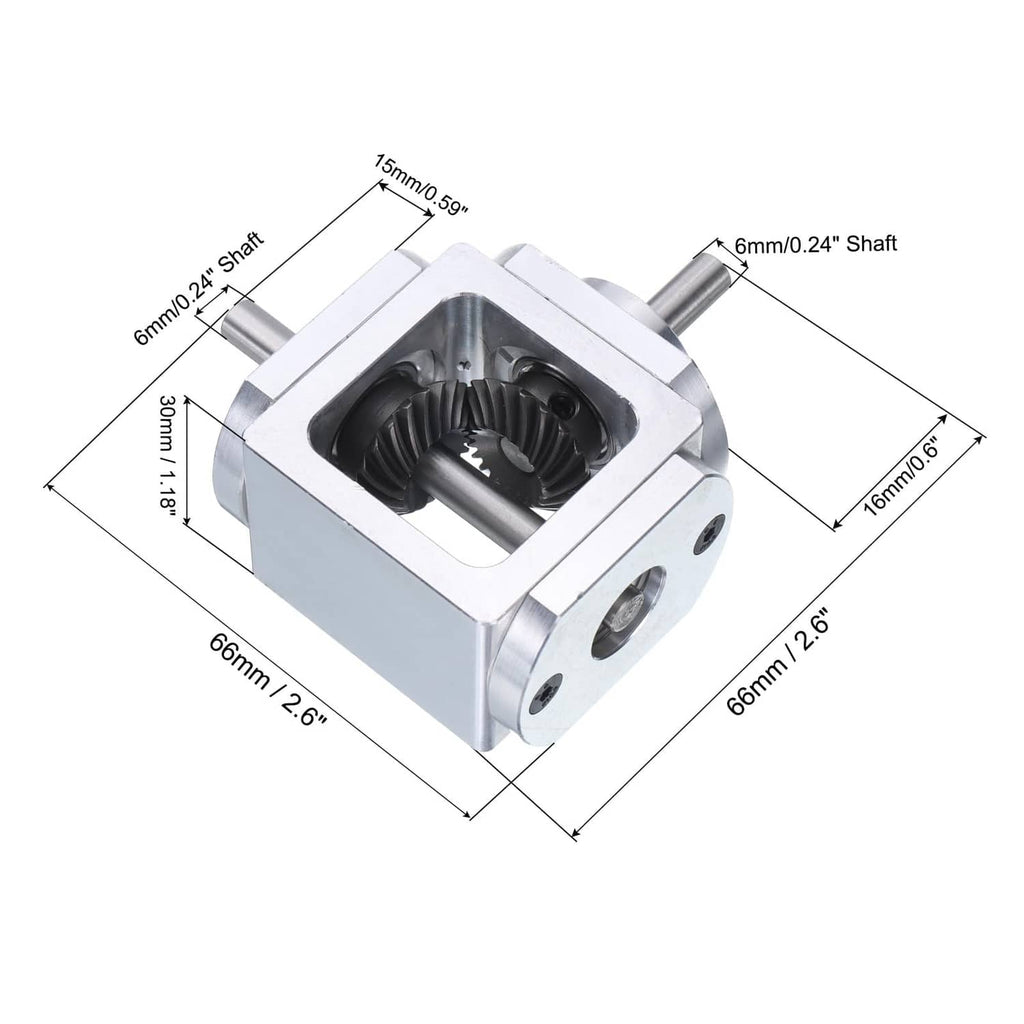 Silver right angle bevel gearbox, side view with black gear and mounting holes