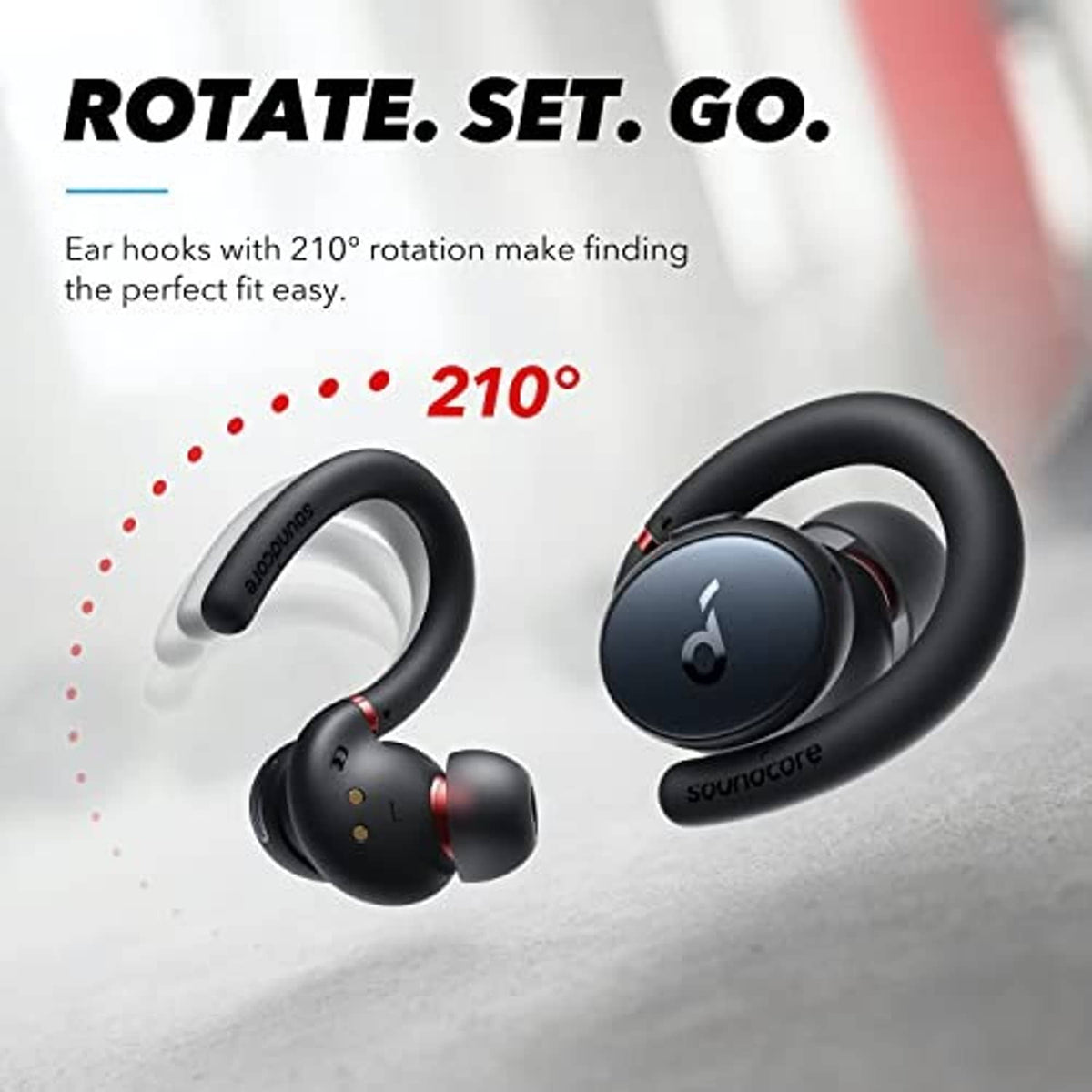 Black sport earbuds with rotating ear hooks, earbud tips shown from side views.