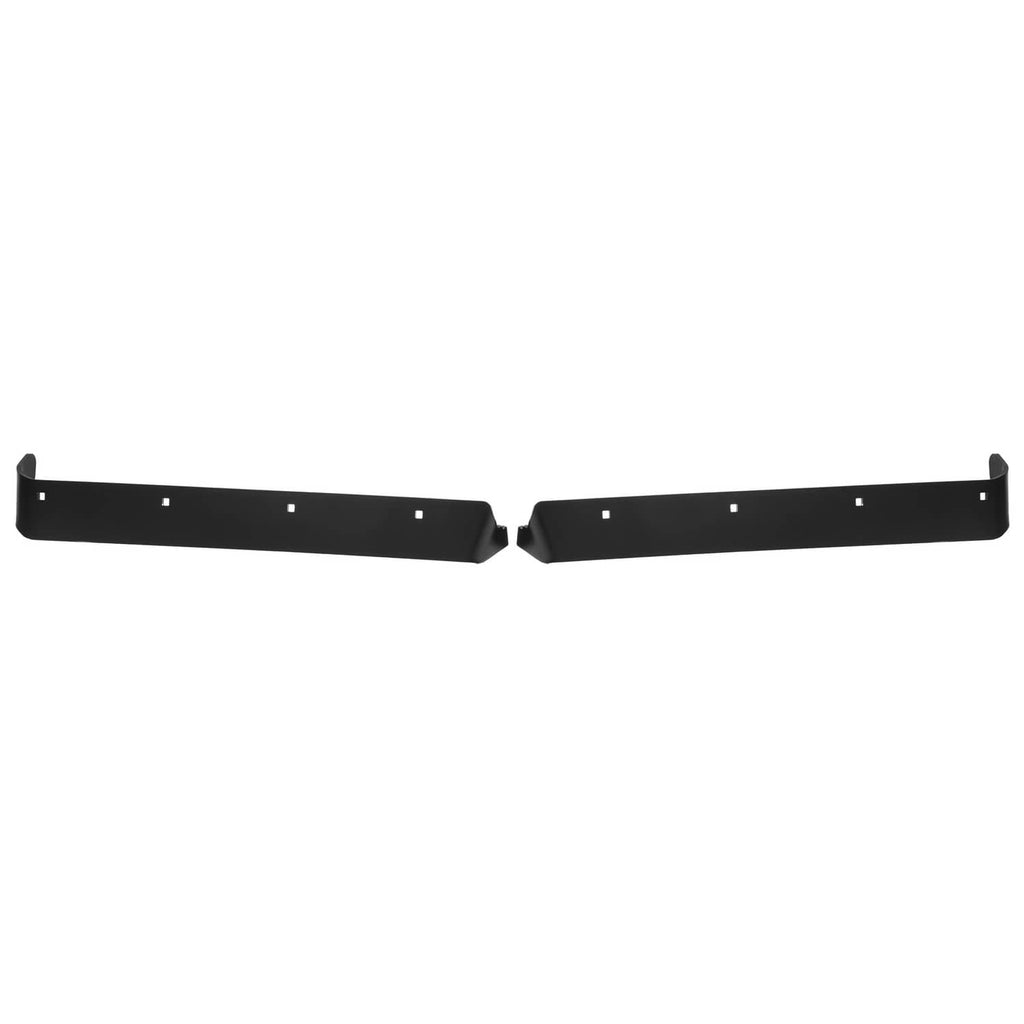 Pair of black snow plow cutting edge blades with holes, ready for installation