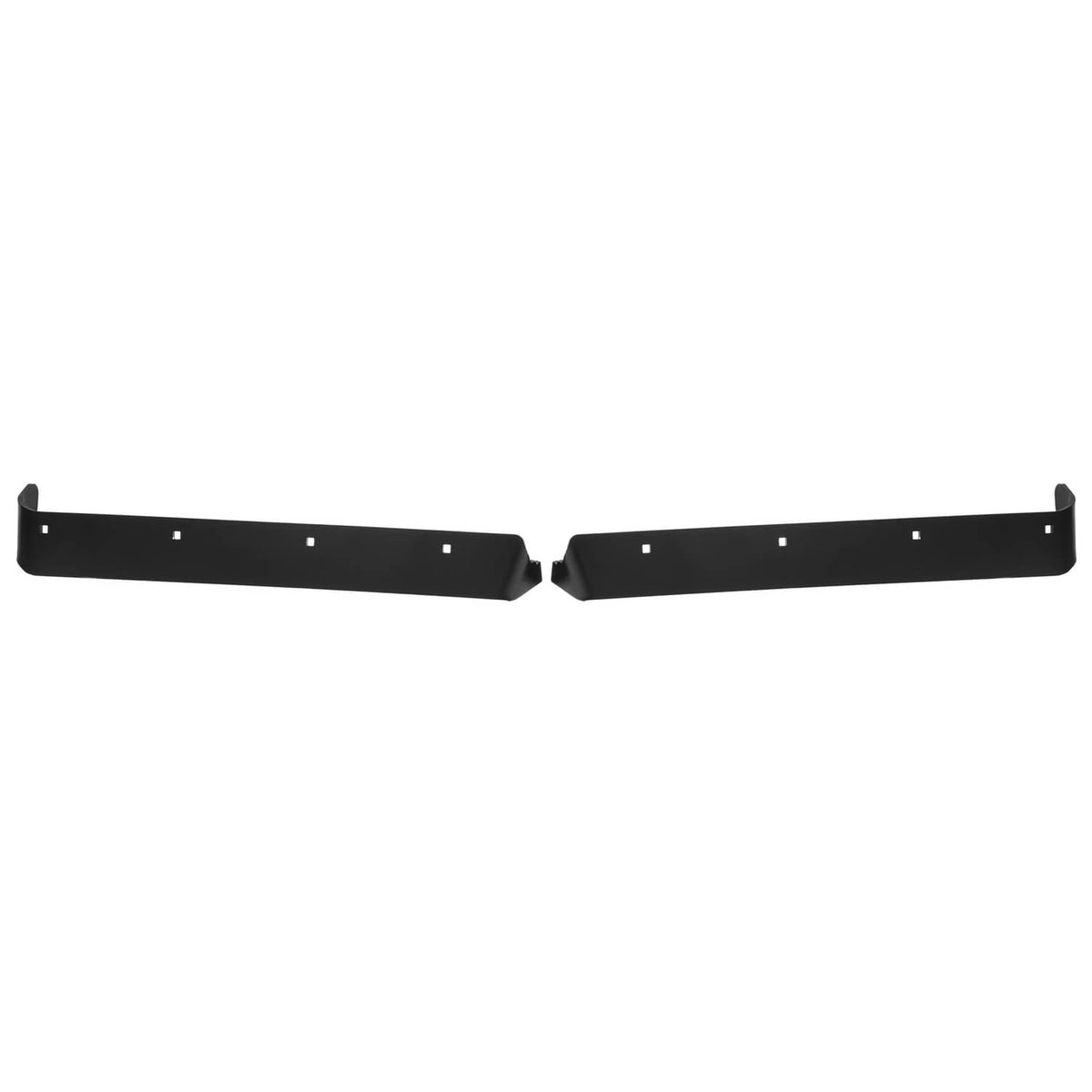 Pair of black snow plow cutting edge blades with holes, ready for installation