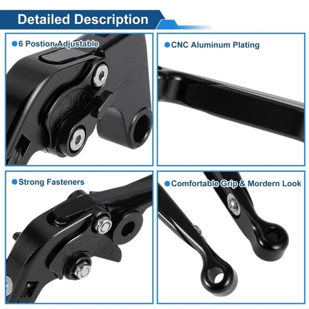 Motorcycle lever detail: adjustable pivot with black body and blue accents